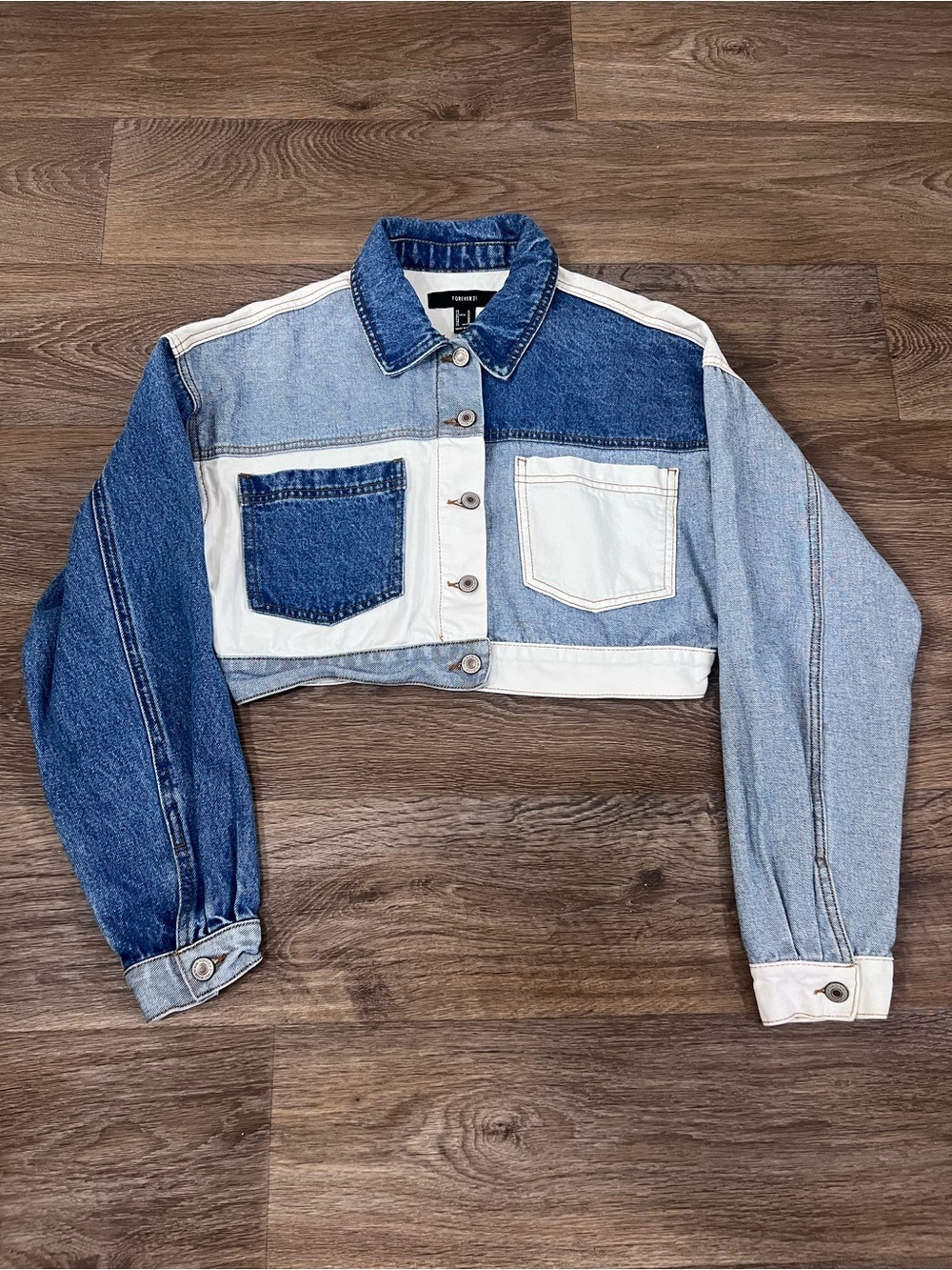 Forever 21 Two-Tone Patchwork Cropped Denim Jacket - Blue & Light Blue/A455 - Picture 1 of 5